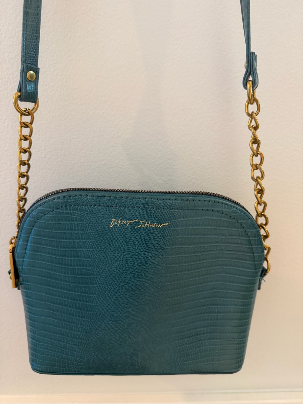 Betsey Johnson Teal Croc-Embossed Gold Chain Crossbody